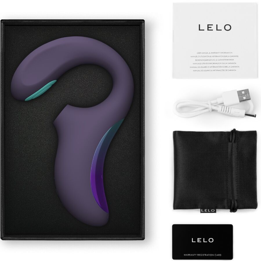 Stimulateur double sonique Lelo Enigma violet dans son coffret noir avec cable USB et pochette, sextoy double stimulation clitoris et point G rechargeable.