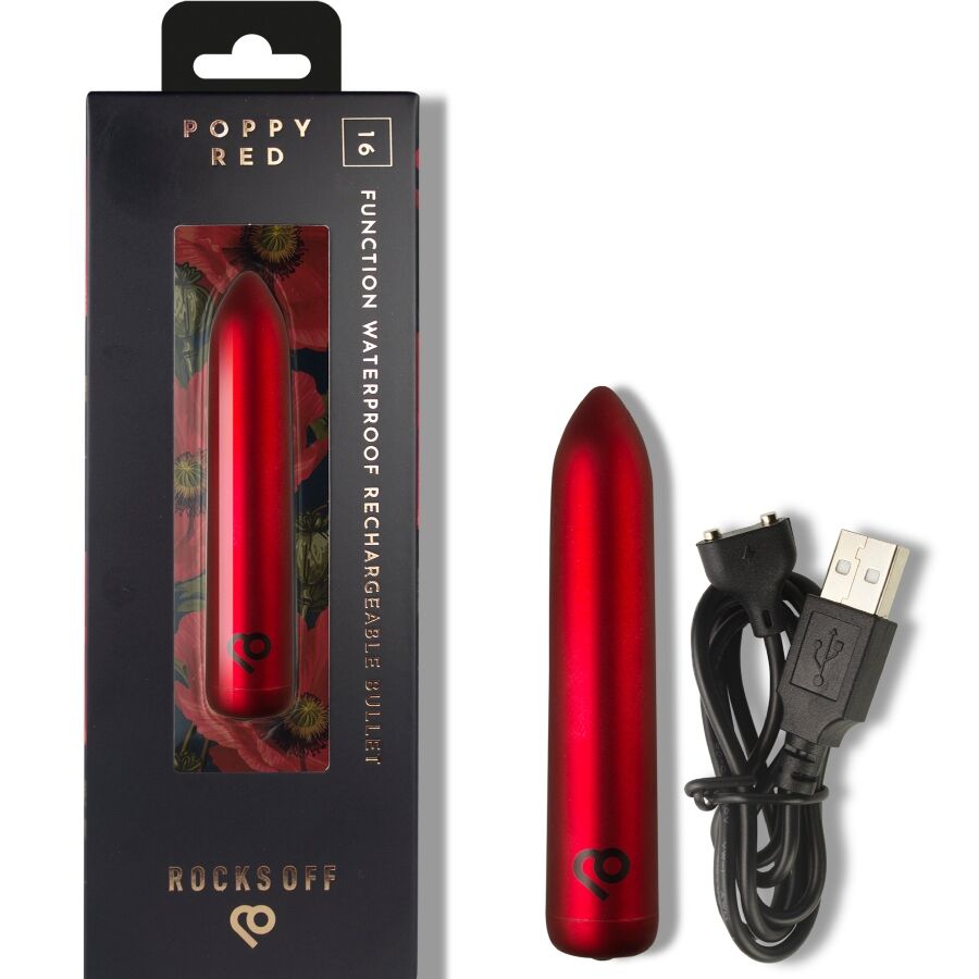 Boîte noire Poppy Red avec le bullet rouge en vitrine, posé près de son câble USB, packaging Rocks-Off de ce mini vibromasseur clitoridien 16 fonctions rechargeable.