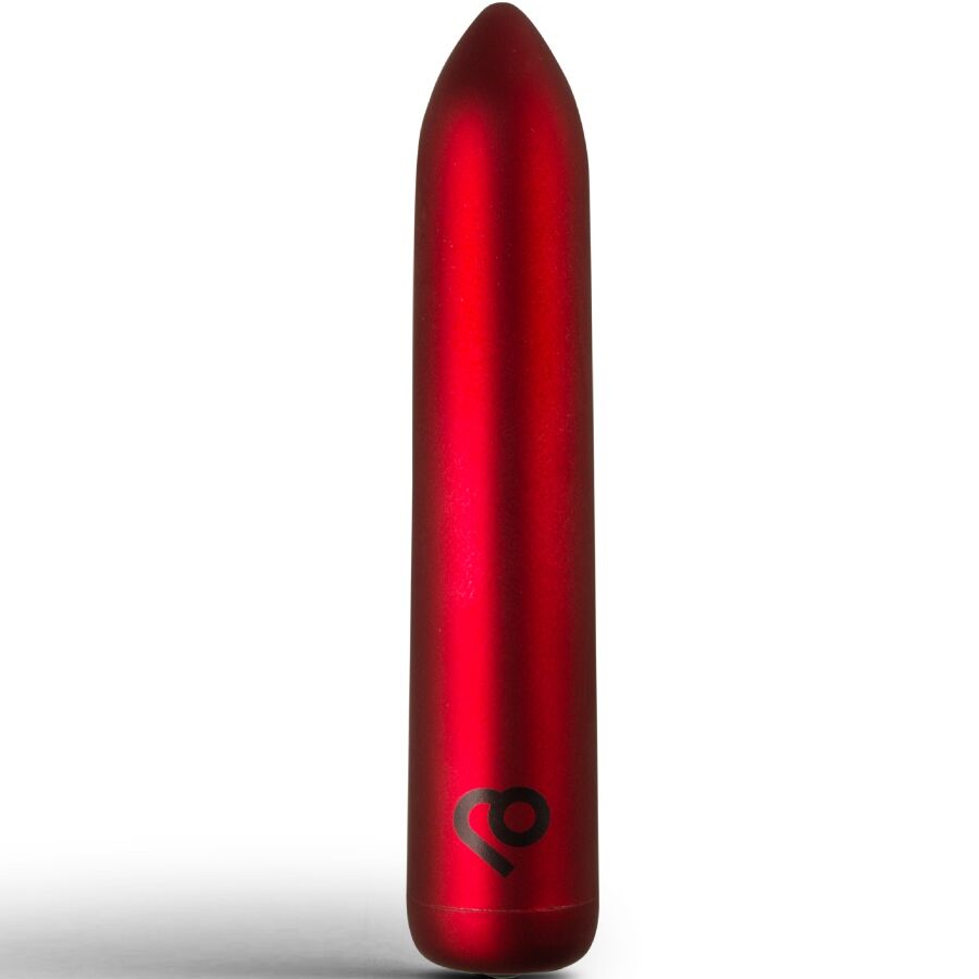 Stick vibrant bullet rouge brillant à pointe arrondie et logo Rocks-Off, mini vibromasseur clitoridien rechargeable 16 fonctions à la finition métallisée éclatante.
