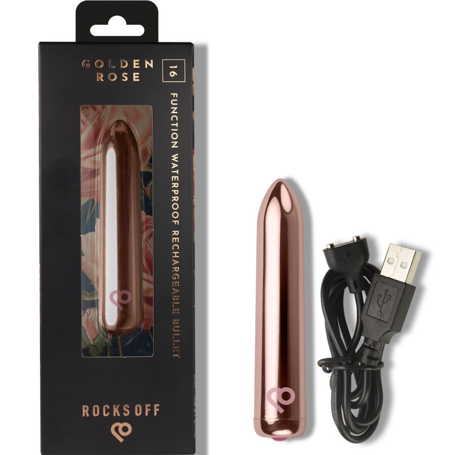 Boîte noire Golden Rose avec le bullet doré en vitrine, posé à côté de son câble USB, packaging Rocks-Off de ce mini vibromasseur clitoridien 16 fonctions rechargeable.