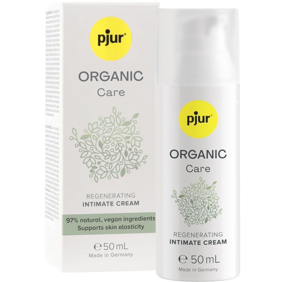 Boite et flacon Pjur Organic Care 50 ml, creme intime regenerante 97 pour cent naturelle et vegan, texture soyeuse hydratante apaisante pour peaux sensibles.