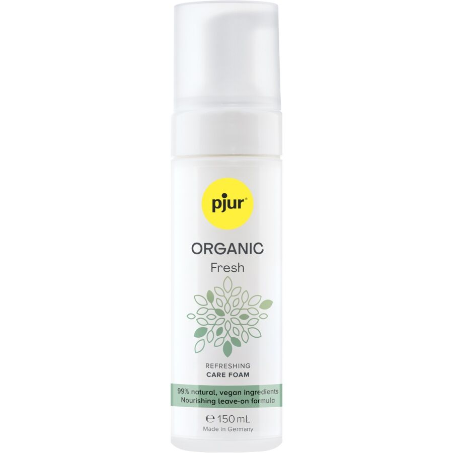 Flacon pompe Pjur Organic Fresh 150 ml de face, mousse intime rafraichissante sans rincage 99 pour cent naturelle et vegan, soin doux sans parfum fabrique en Allemagne.
