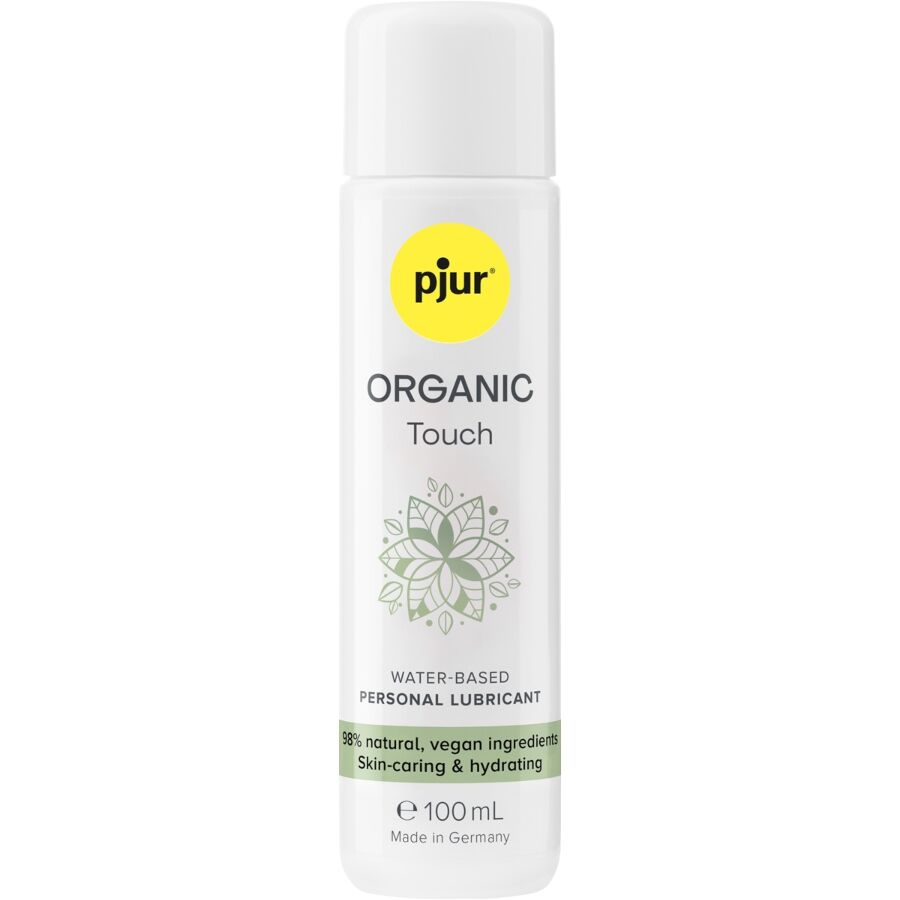 Flacon blanc Pjur Organic Touch 100 ml de face, lubrifiant base eau 98 pour cent naturel et vegan, texture soyeuse hydratante respectant la peau, sensation naturelle.