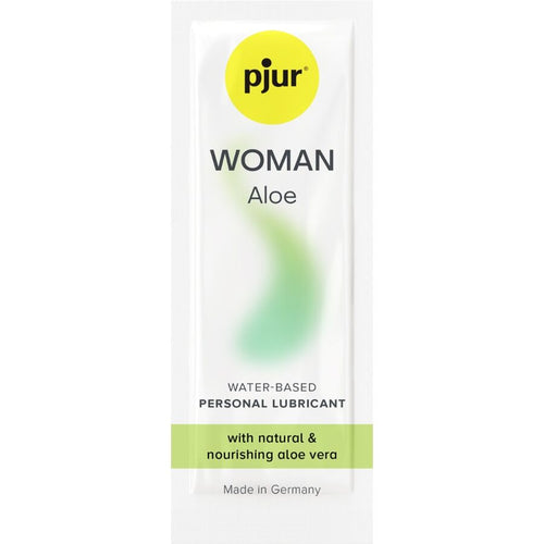 Sachet Pjur Woman Aloe, lubrifiant base eau a l'aloe vera nourrissant, glisse douce hydratante sans parabens, dose decouverte fabriquee en Allemagne.