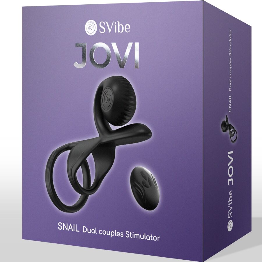 Boite violette SVibe Jovi Snail Dual couples Stimulator de trois quarts, visuel de l'anneau couple et de la telecommande, packaging du stimulateur vibrant pour couples.
