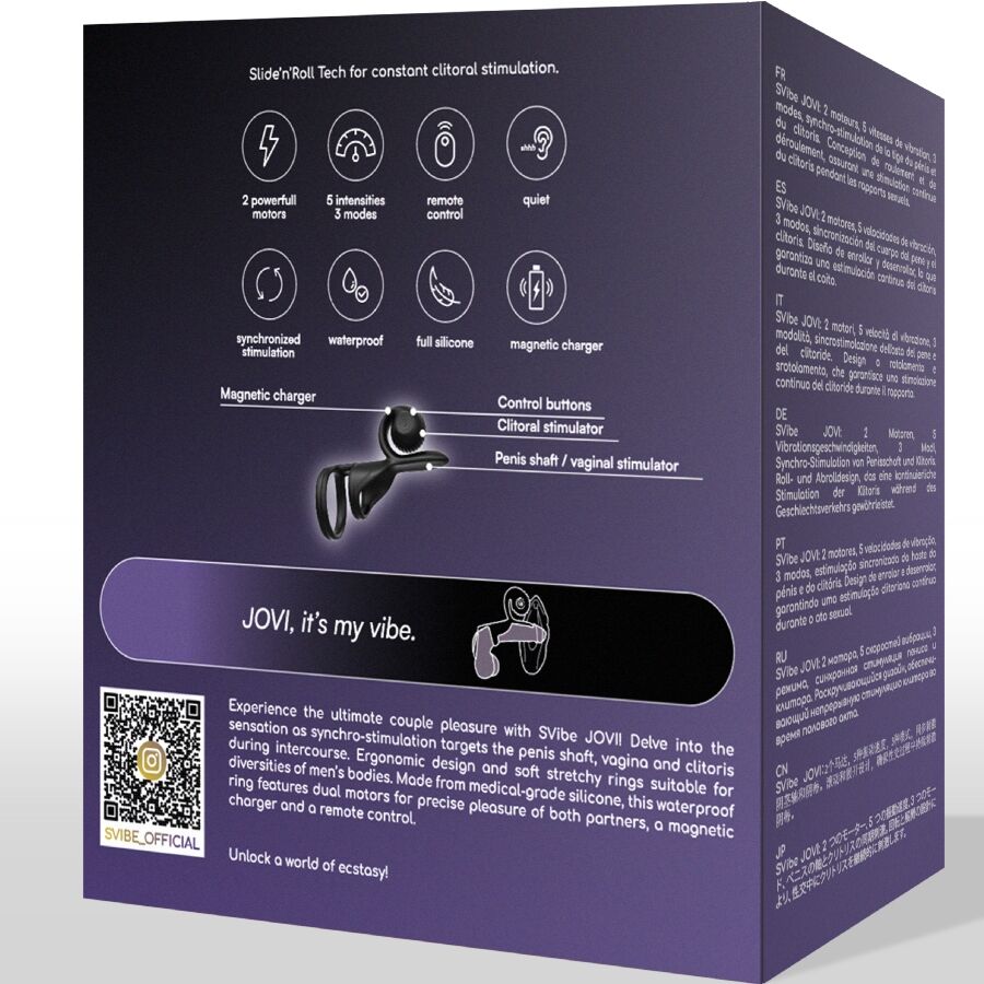 Dos de boite SVibe Jovi noire avec pictogrammes fonctions et schema de l'anneau, emballage du stimulateur couple a telecommande deux moteurs 5 vitesses 3 modes etanche.