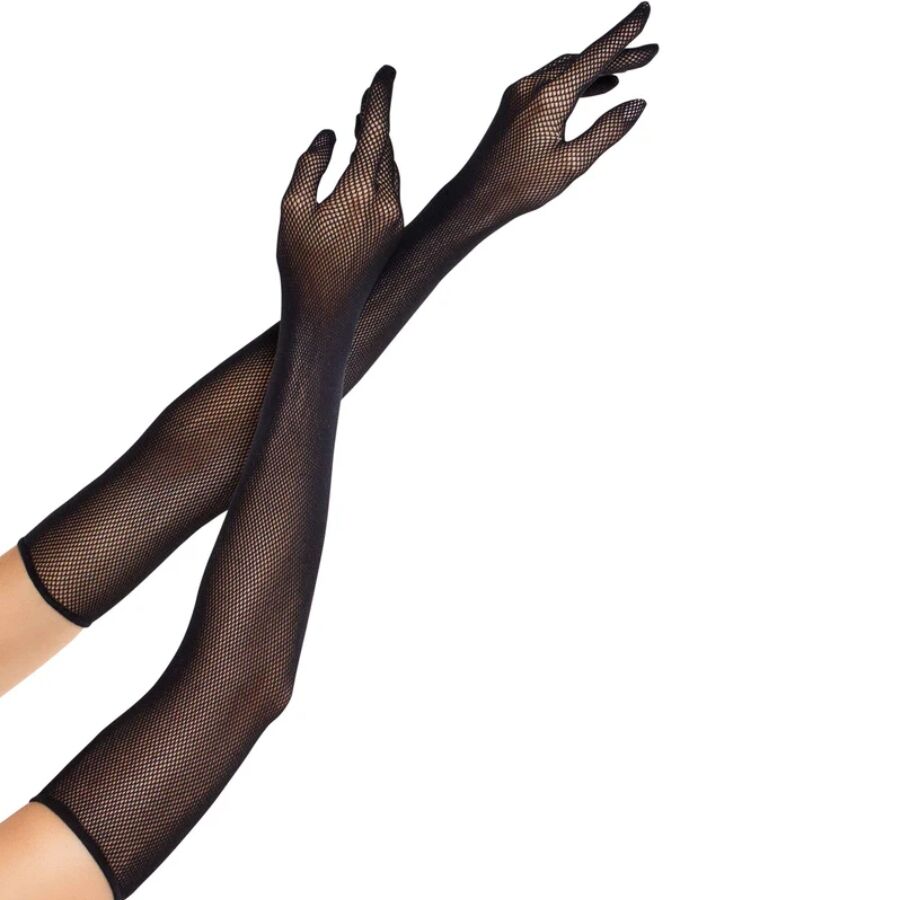 Longs gants resille noirs portes sur les bras et avant-bras, maillage filet fin couvrant jusqu'au coude, accessoire de seduction signe Leg Avenue.