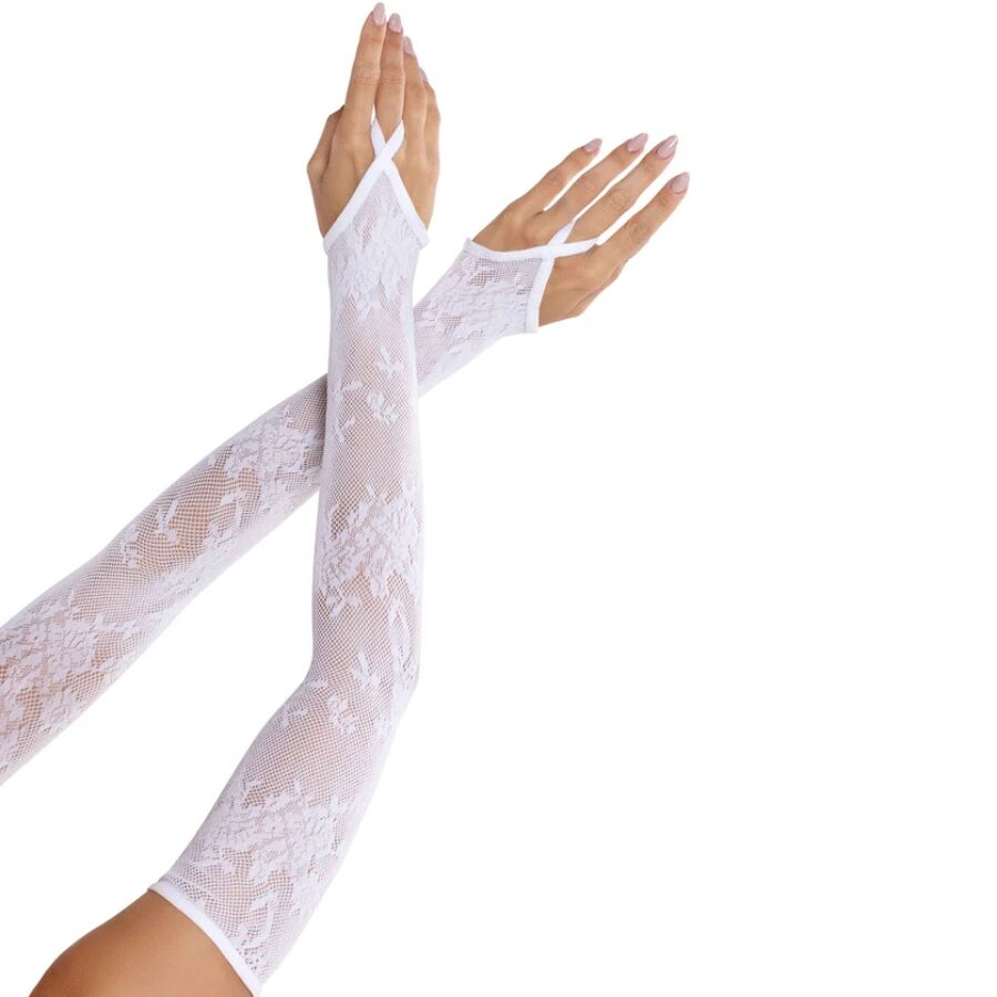 Longs gants blancs en dentelle florale Leg Avenue, modele a doigt ouvert, presentes sur deux bras croises, accessoire glamour pour soiree.
