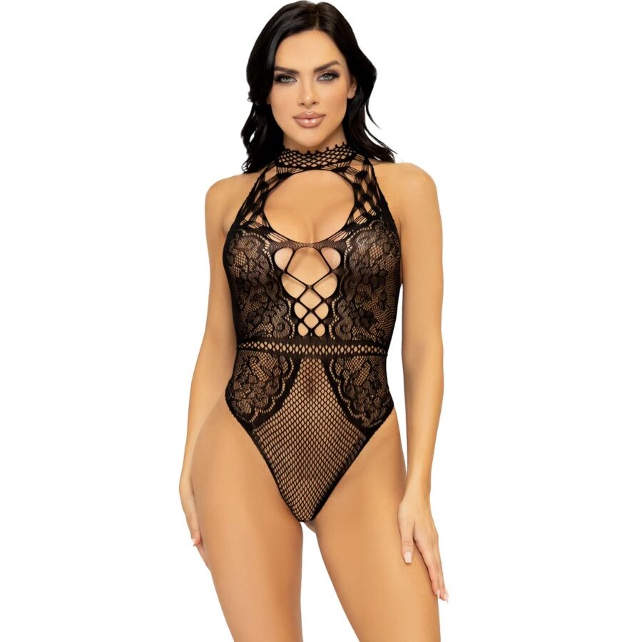 Body en résille et dentelle florale dos nu noir — vue principale
