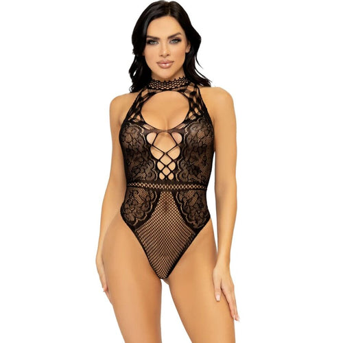 Body teddy dentelle et resille noir a laçage frontal porte de face, decolleté plongeant lacé et maillage filet, piece de seduction Leg Avenue.