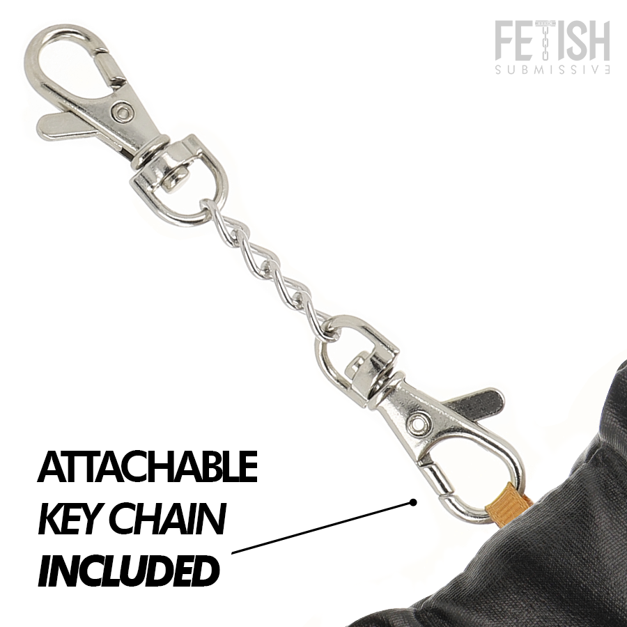 Mousqueton et chainette du porte-cles attachable fourni avec l'ours en peluche Fetish Submissive a cagoule, accroche metal pour suspendre la mascotte bondage cuir vegan