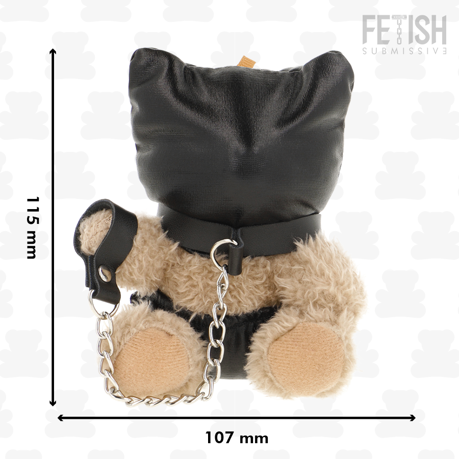 Ourson Fetish Submissive cagoule cuir vegan integrale et chaine avec cotes 115 x 107 mm, porte-cles peluche de collection au look bondage sur fond filigrane
