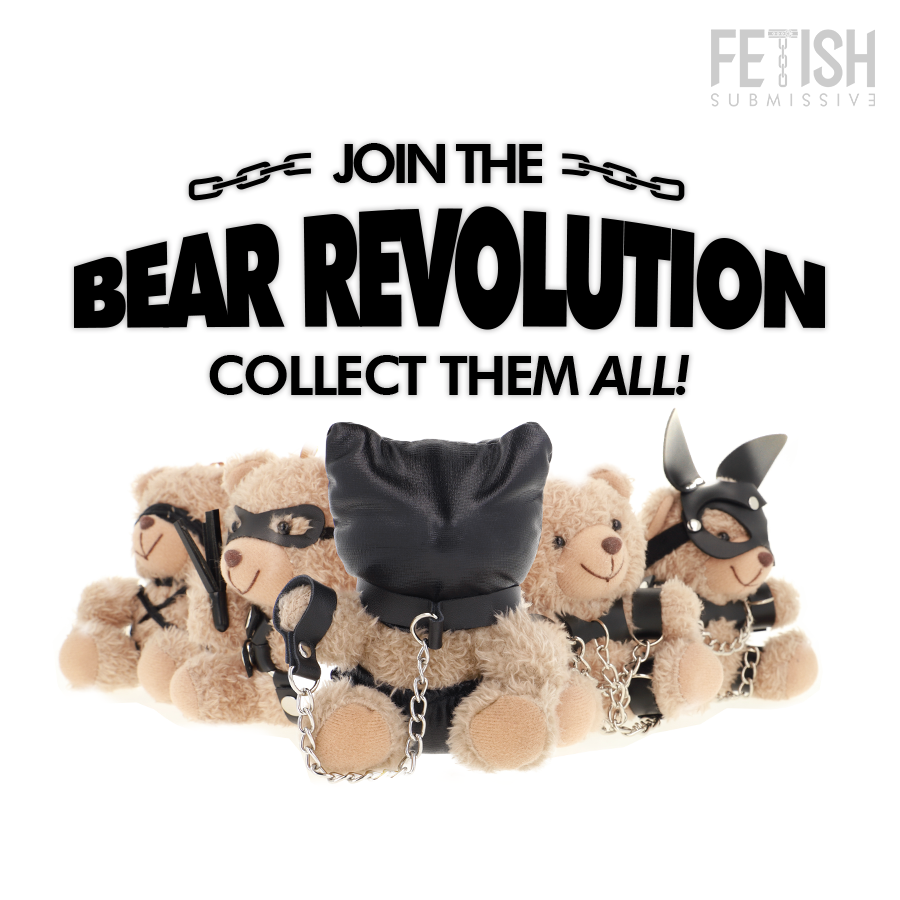 Visuel Bear Revolution Fetish Submissive alignant la collection d'oursons peluche dont la cagoule cuir, invitation a collectionner tous les porte-cles fetiches