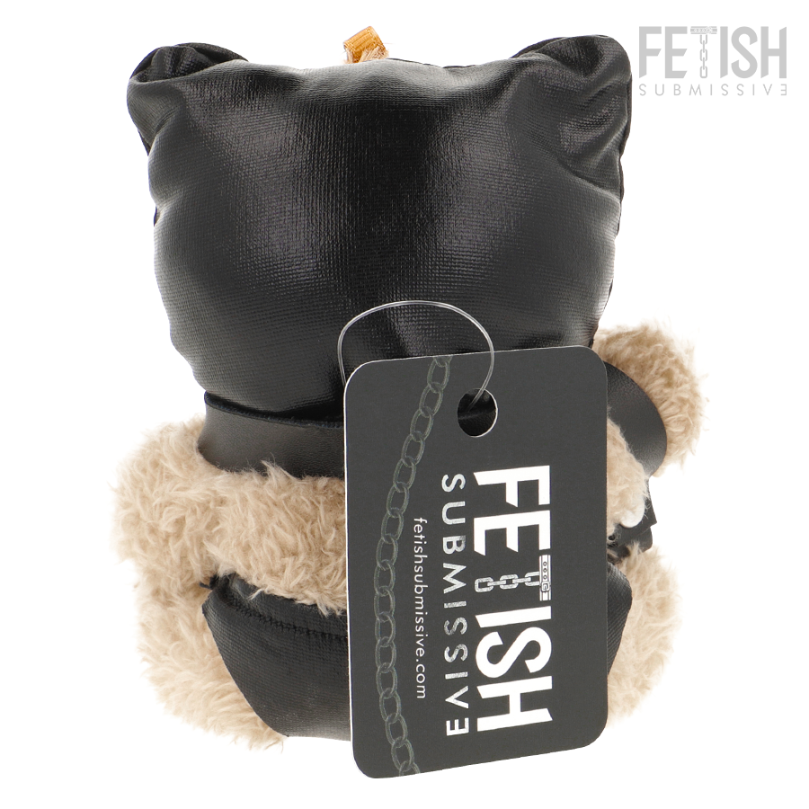 Ours en peluche Fetish Submissive cagoule cuir vegan a oreilles avec collier chaine et etiquette de marque, porte-cles de collection au look fetiche a accrocher