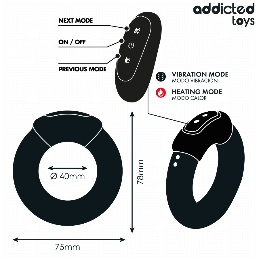 Schema technique de l'anneau vibrant Addicted, diametre interieur 40 mm, cotes 75 et 78 mm, telecommande, modes vibration et chauffe illustres, cockring silicone.