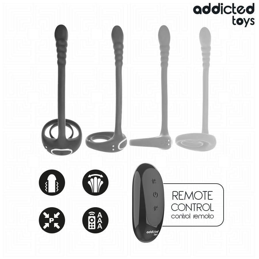 Gamme de l'anneau penien vibrant Addicted, silhouettes du cockring a perles, telecommande remote control et pictogrammes des fonctions, silicone noir sans anatomie.