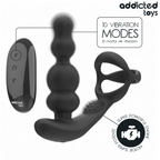 Masseur de prostate rotatif Addicted en silicone avec sa telecommande, mise en avant des 10 modes de vibration et du moteur puissant, stimulateur a perles et anneau.