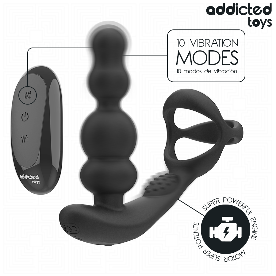 Masseur de prostate rotatif Addicted en silicone avec sa telecommande, mise en avant des 10 modes de vibration et du moteur puissant, stimulateur a perles et anneau.