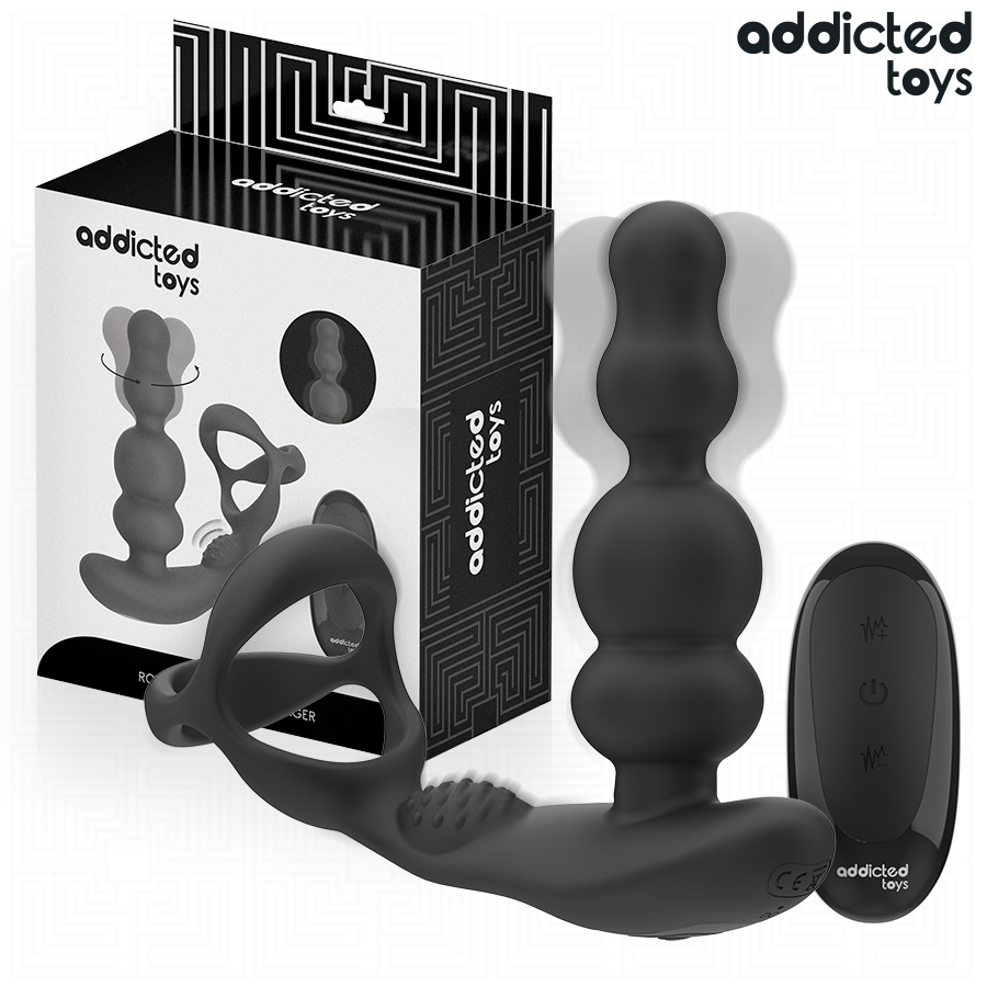 Boite du masseur de prostate rotatif Addicted avec anneau, packaging noir montrant le stimulateur a perles en silicone et sa telecommande, sans anatomie.
