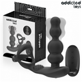 Boite du masseur de prostate rotatif Addicted avec anneau, packaging noir montrant le stimulateur a perles en silicone et sa telecommande, sans anatomie.