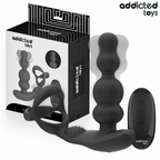 Boite du masseur de prostate rotatif Addicted avec anneau, packaging noir montrant le stimulateur a perles en silicone et sa telecommande, sans anatomie.