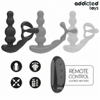 Gamme du masseur de prostate rotatif Addicted, silhouettes du stimulateur a perles, telecommande remote control et pictogrammes des fonctions, sans anatomie.