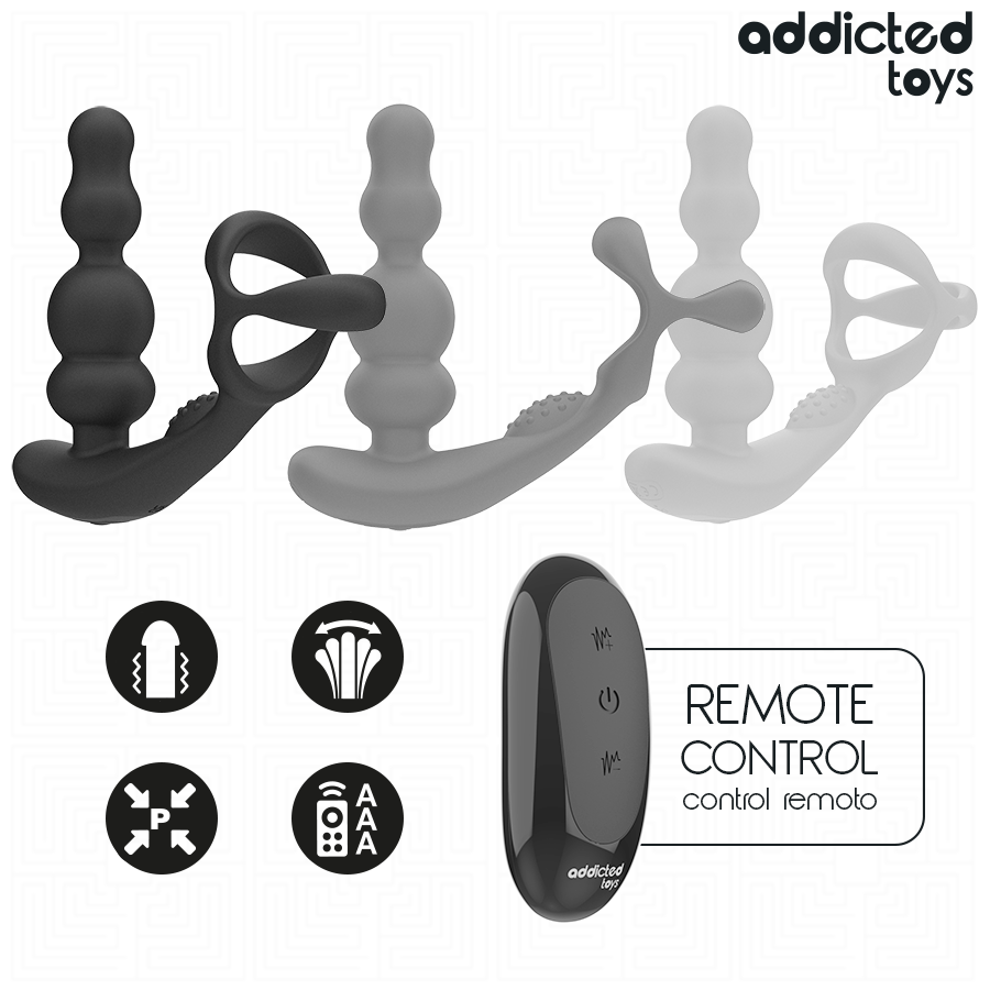 Gamme du masseur de prostate rotatif Addicted, silhouettes du stimulateur a perles, telecommande remote control et pictogrammes des fonctions, sans anatomie.