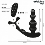Schema technique du masseur de prostate Addicted, cotes 110, 120 et 105 mm, diametres 20, 25 et 35 mm, telecommande, stimulateur a perles en silicone.