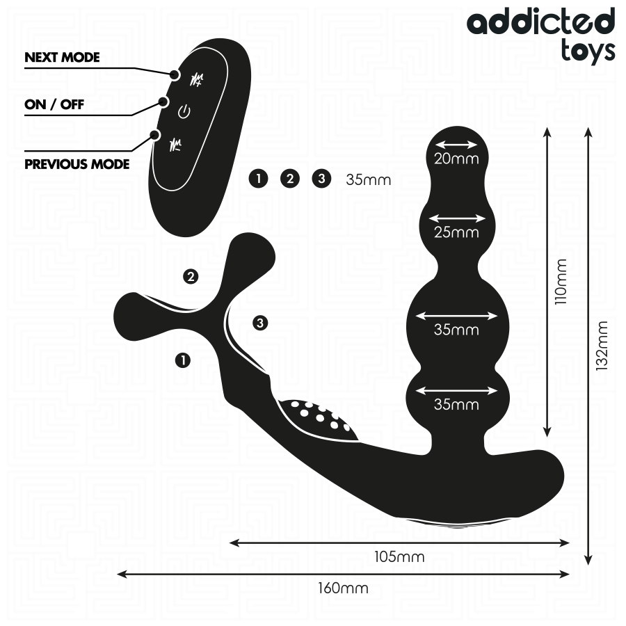 Schema technique du masseur de prostate Addicted, cotes 110, 120 et 105 mm, diametres 20, 25 et 35 mm, telecommande, stimulateur a perles en silicone.