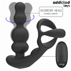 Masseur de prostate Addicted en silicone noir, mise en avant de la tete rotative perlee illustree par une fleche, anneau integre et telecommande pour le point P.