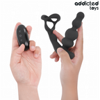 Masseur de prostate Addicted a anneau et perles tenu en main avec sa telecommande sans fil, silicone noir, stimulateur prostatique a tete rotative pour homme.