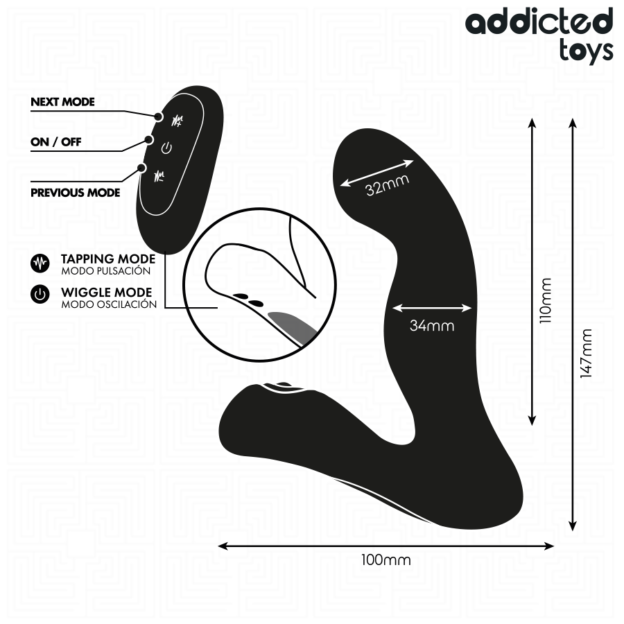 Schema technique du masseur de prostate Addicted, cotes 100, 142 mm, diametres 32 et 34 mm, modes tapping et wiggle, stimulateur prostatique en silicone.