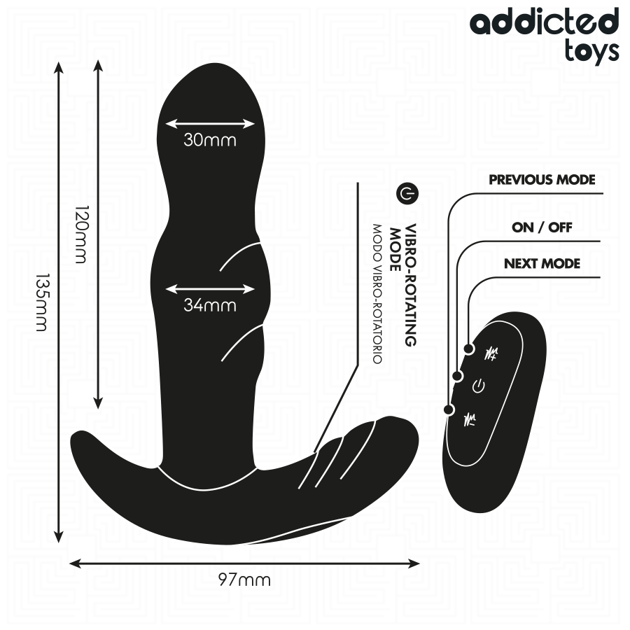 Schema produit du plug anal vibrant et rotatif Addicted en silicone, vue de profil avec telecommande sans fil et icone moteur, double moteur pour stimulation du point P.