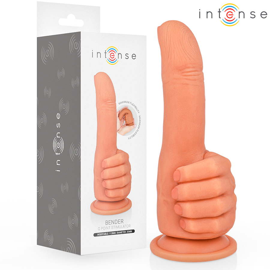 Emballage Intense Bender à côté du stimulateur en forme de main, mentions insérable 113 mm et diamètre 35 mm