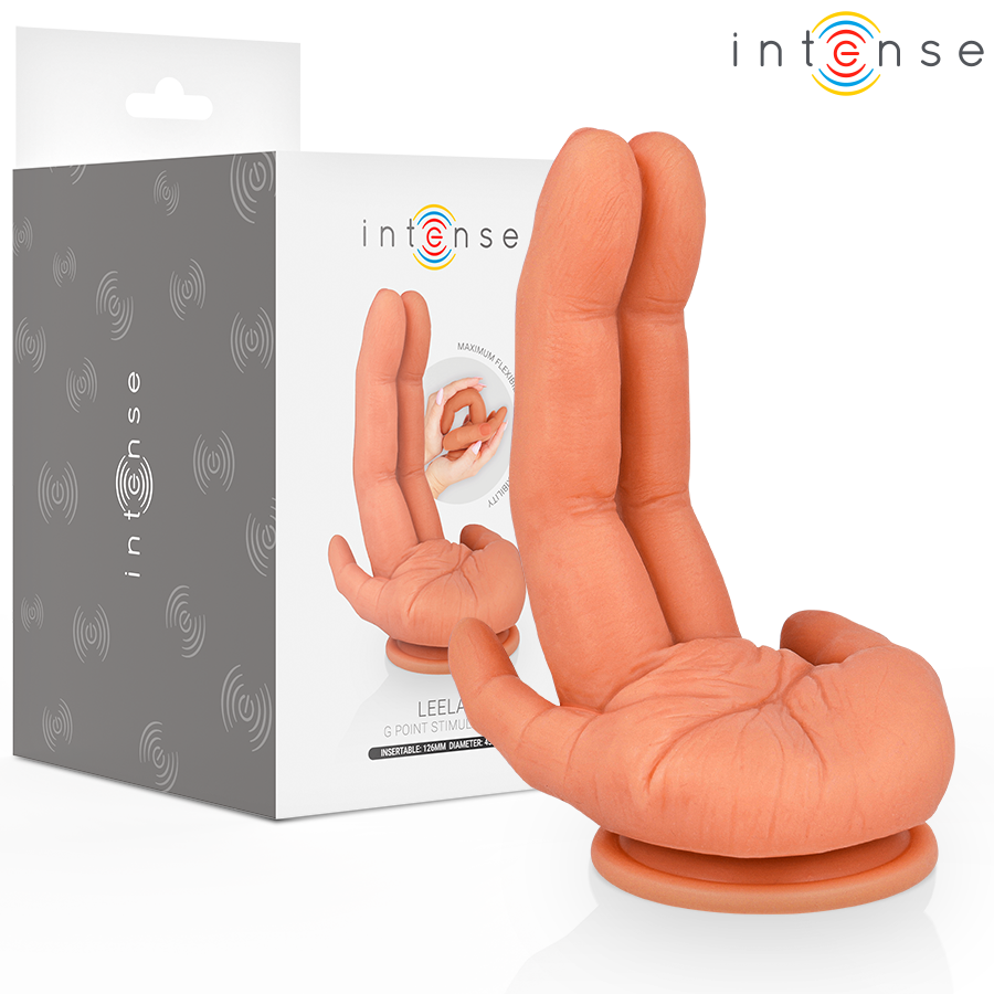 Emballage Intense Leela à côté du stimulateur à deux doigts, mentions insérable 126 mm et diamètre 45 mm