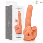 Emballage Intense Hubert à côté du stimulateur en forme de main, mentions insérable 142 mm et diamètre 35 mm