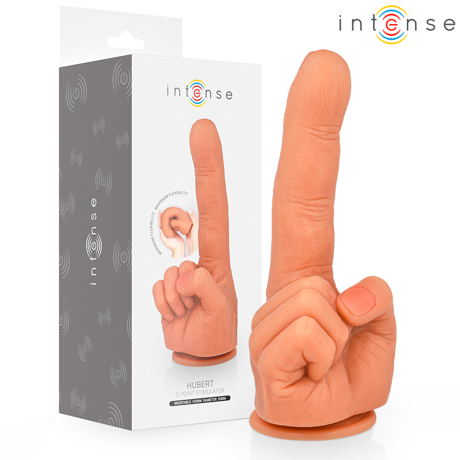 Emballage Intense Hubert à côté du stimulateur en forme de main, mentions insérable 142 mm et diamètre 35 mm