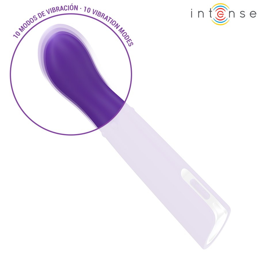 Gros plan sur la tete bombee du stimulateur point G Helena en silicone violet, dix modes de vibration pour une stimulation interne ciblee et progressive.