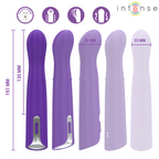 Cinq stimulateurs point G Helena en silicone violet alignes, hauteur 197 mm et 135 mm avec largeur 33 mm, billes montantes et tete oscillante pour la zone sensible.