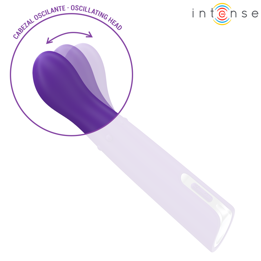 Gros plan sur la tete oscillante du stimulateur point G Helena en silicone violet, mouvement de balancier pour masser precisement la zone du point G.
