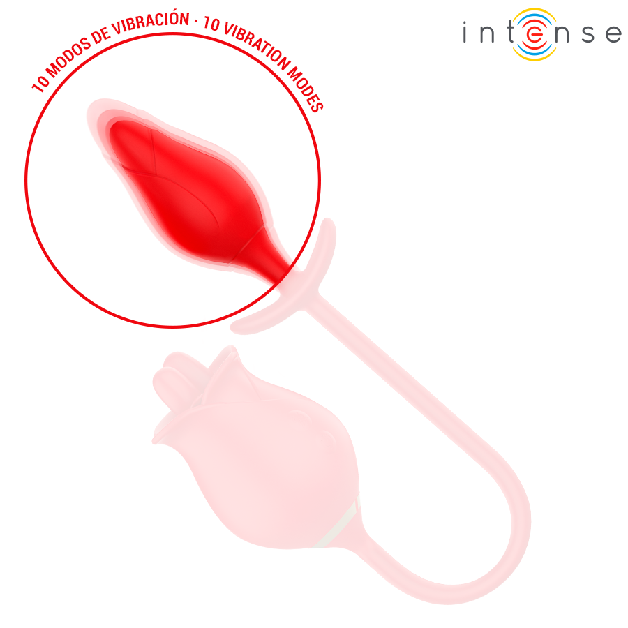 Gros plan sur l'embout vibrant du plug anal a queue souple Melanie en silicone rouge, dix modes de vibration pour une stimulation anale en complement de la rose.
