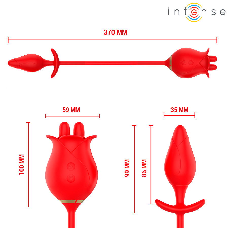 Schema du set Melanie en silicone rouge, longueur totale 370 mm, rose clitoridienne de 100 mm et plug anal a queue de 86 mm avec embout de 35 mm pour double stimulation.