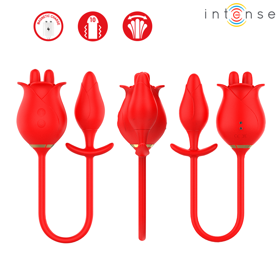Cinq elements du set Melanie en silicone rouge alignes, stimulateurs roses clitoridiens et plugs anaux a queue de tailles variees pour une double stimulation.
