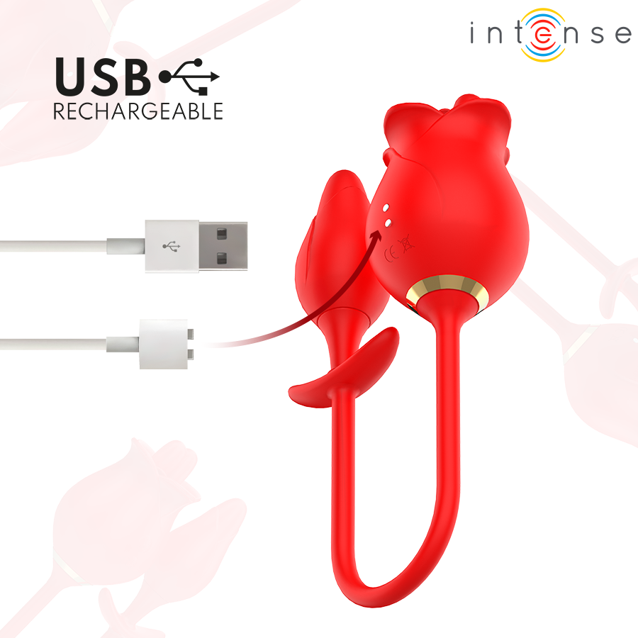 Set Melanie rose clitoridienne et plug anal a queue en silicone rouge pose pres de son cable USB, double stimulation rechargeable clitoris et anus assortie.