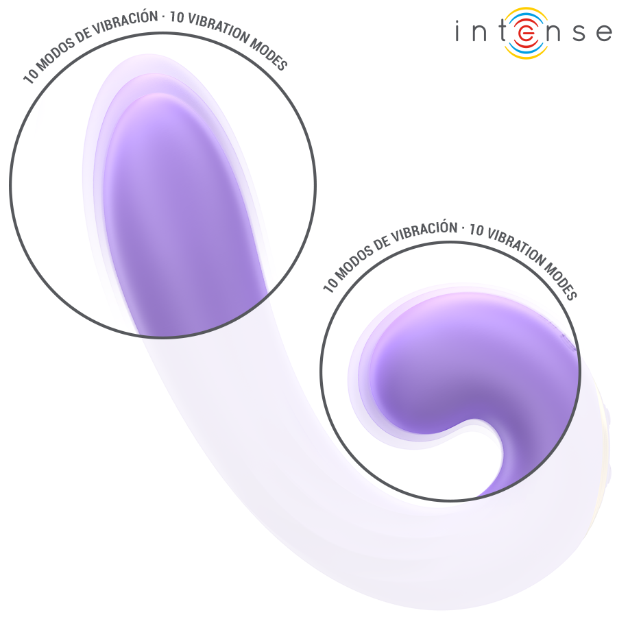 Gros plans sur la tete du vibromasseur Meryl violet avec degrade montrant les 10 modes de vibration, silicone souple en U pour clitoris et point G