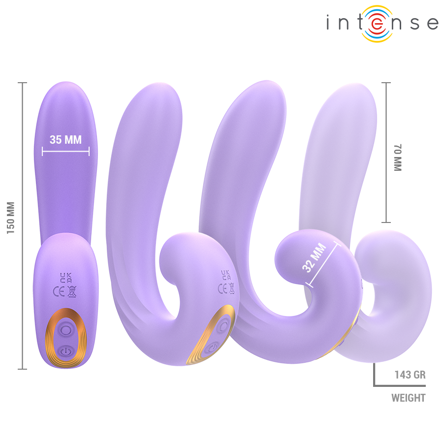 Gamme du vibromasseur Meryl en quatre nuances de violet avec cotes 35 mm, 70 mm et 150 mm, 143 g, forme en U en silicone double stimulation