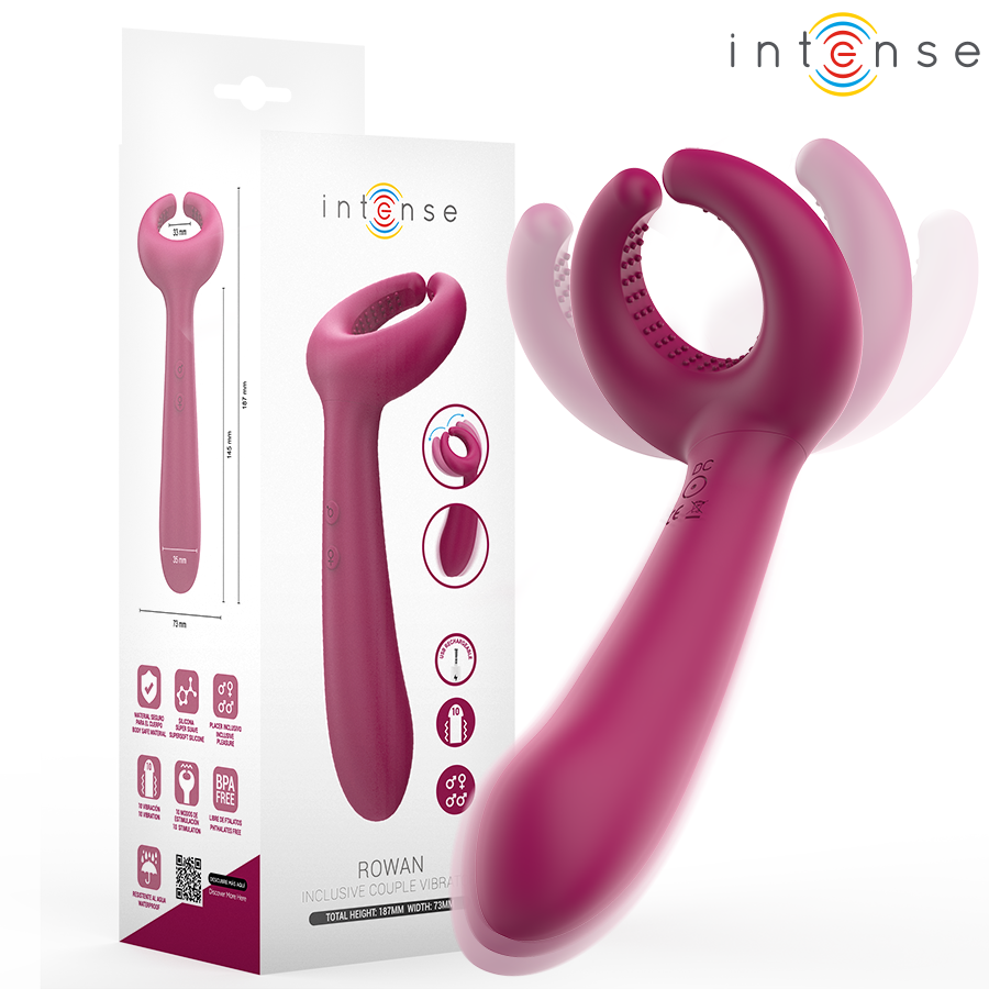 Boite du vibromasseur inclusif Rowan Intense en silicone framboise, forme ouverte a pince visible sur l'emballage, jouet polyvalent solo et couple toutes morphologies