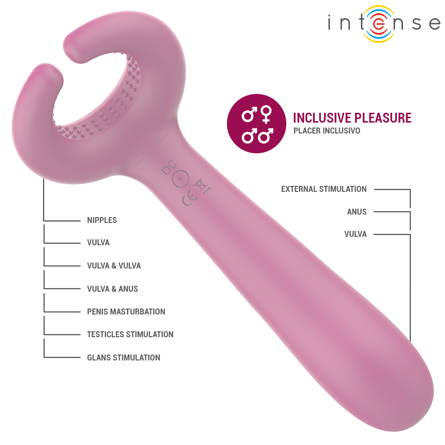 Vibromasseur inclusif Rowan framboise avec schema legende des zones de stimulation possibles, design a pince en silicone pensee pour tous genres et orientations