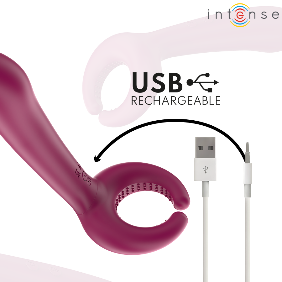 Vibromasseur inclusif Rowan framboise en silicone avec cable de recharge USB, structure ouverte a pince visible, jouet rechargeable inclusif solo et couple
