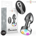 Boite du plug anal vibrant Intense en metal a LED avec telecommande, plug chrome et lumieres colorees visibles sur l'emballage gris, jeux de temperature et vibration